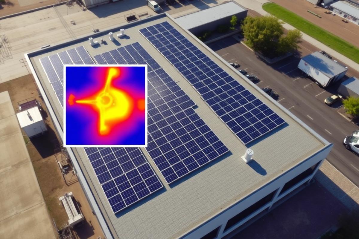 Drohnenaufnahme einer Photovoltaik-Dachanlage mit Thermografie-Ausschnitt zur Hotspot-Erkennung